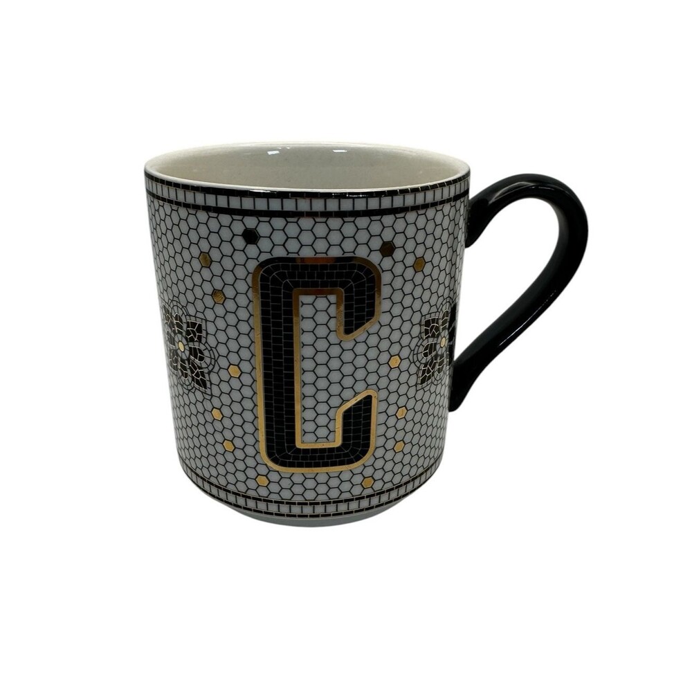 Anthropologie Monogram C Mug Black White Gold Tile Initial Coffee Cup Ceramic